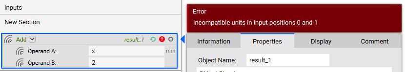 If an operand input of a math block doesn't have applied units, the block will error out with the message "Incompatible units in input positions 0 and 1.