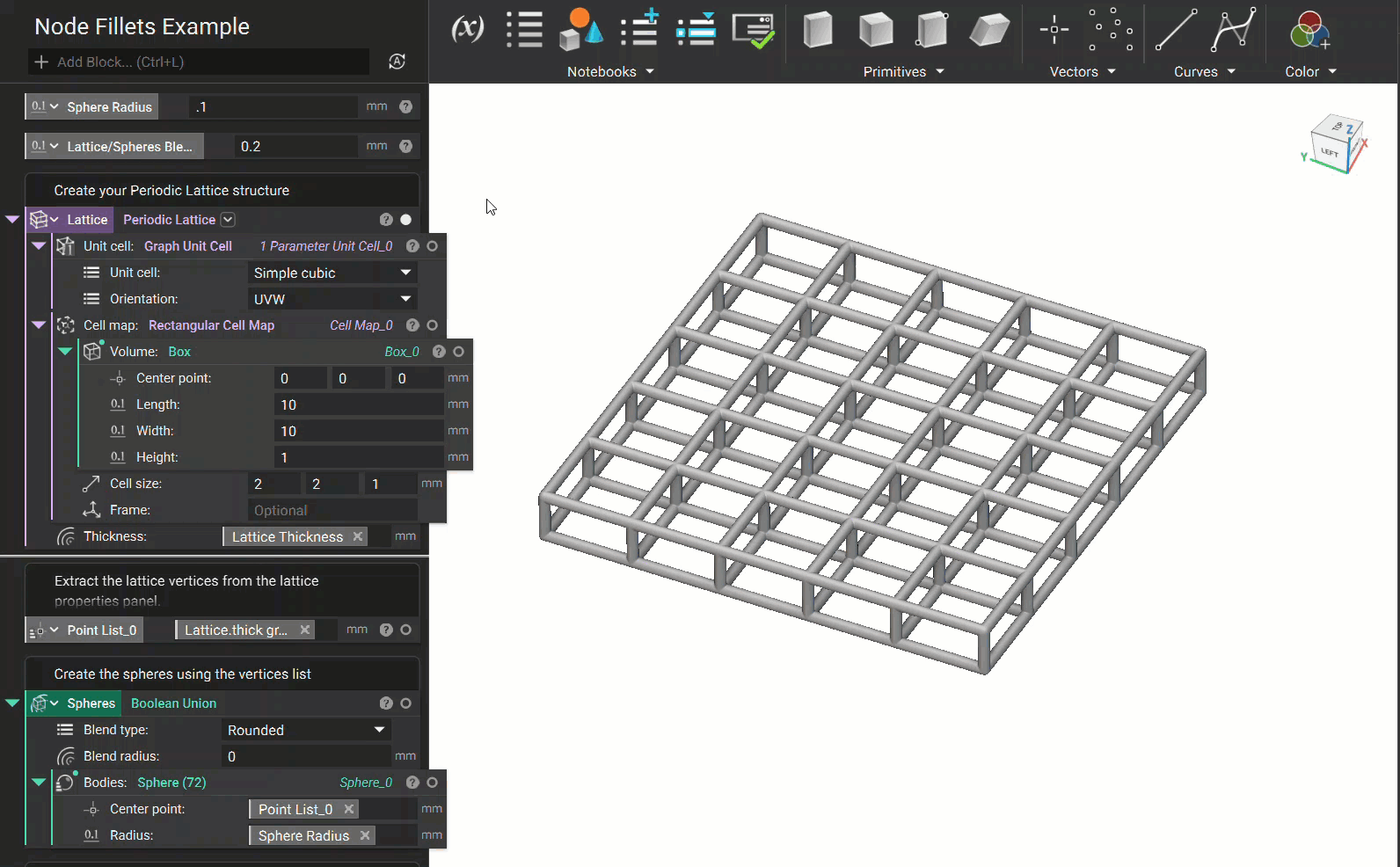 The gif shows how to extract the lattice beam vertices. The vertex point list is inserted into the center point of a Sphere block. This generates a sphere list, the list is then merged into a single body using the Boolean Union block.