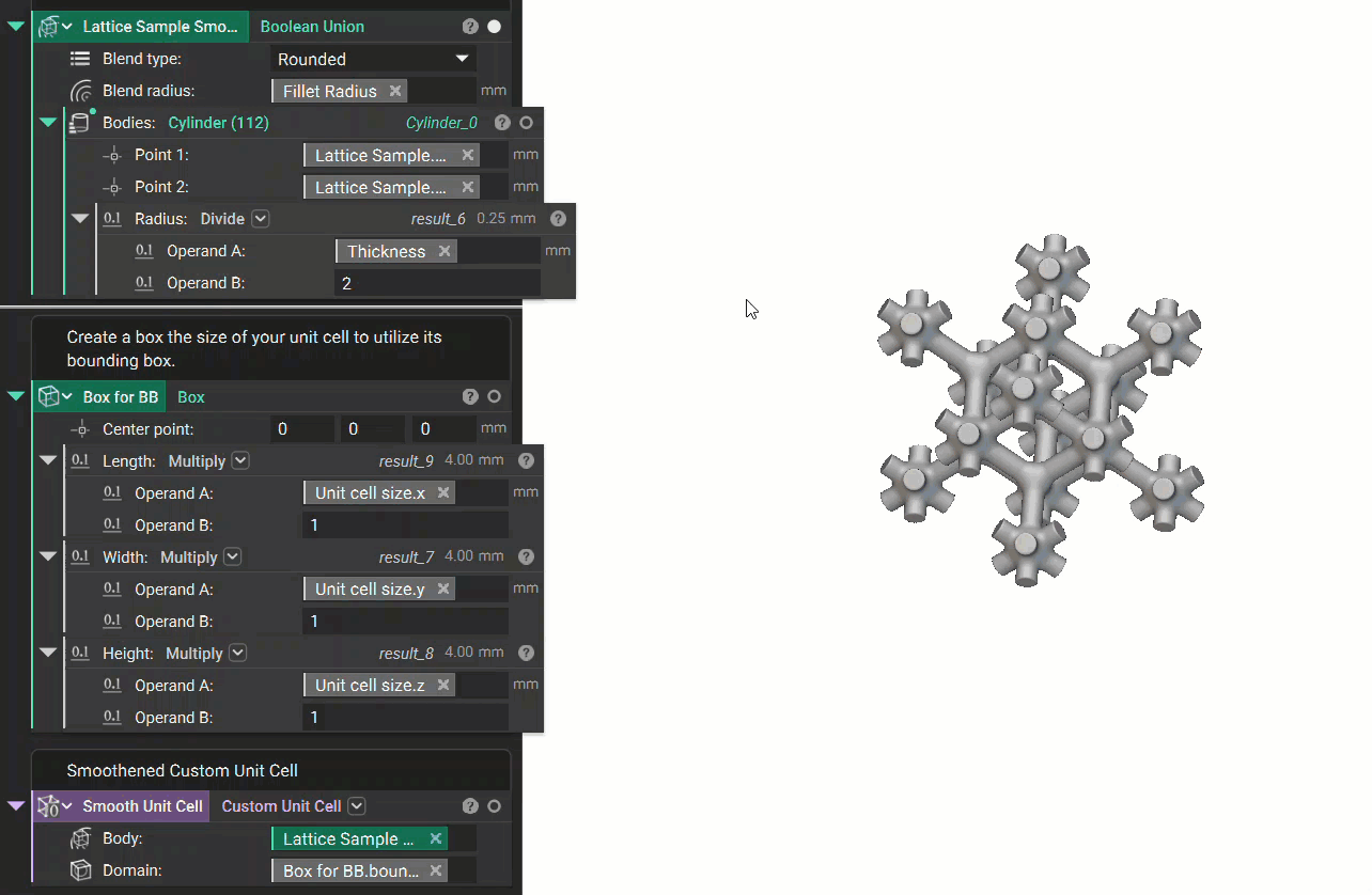 Creating a box using the unit cell size. The box's bounding box is then extracted to use in creating the Custom Unit Cell of the Sample Lattice.