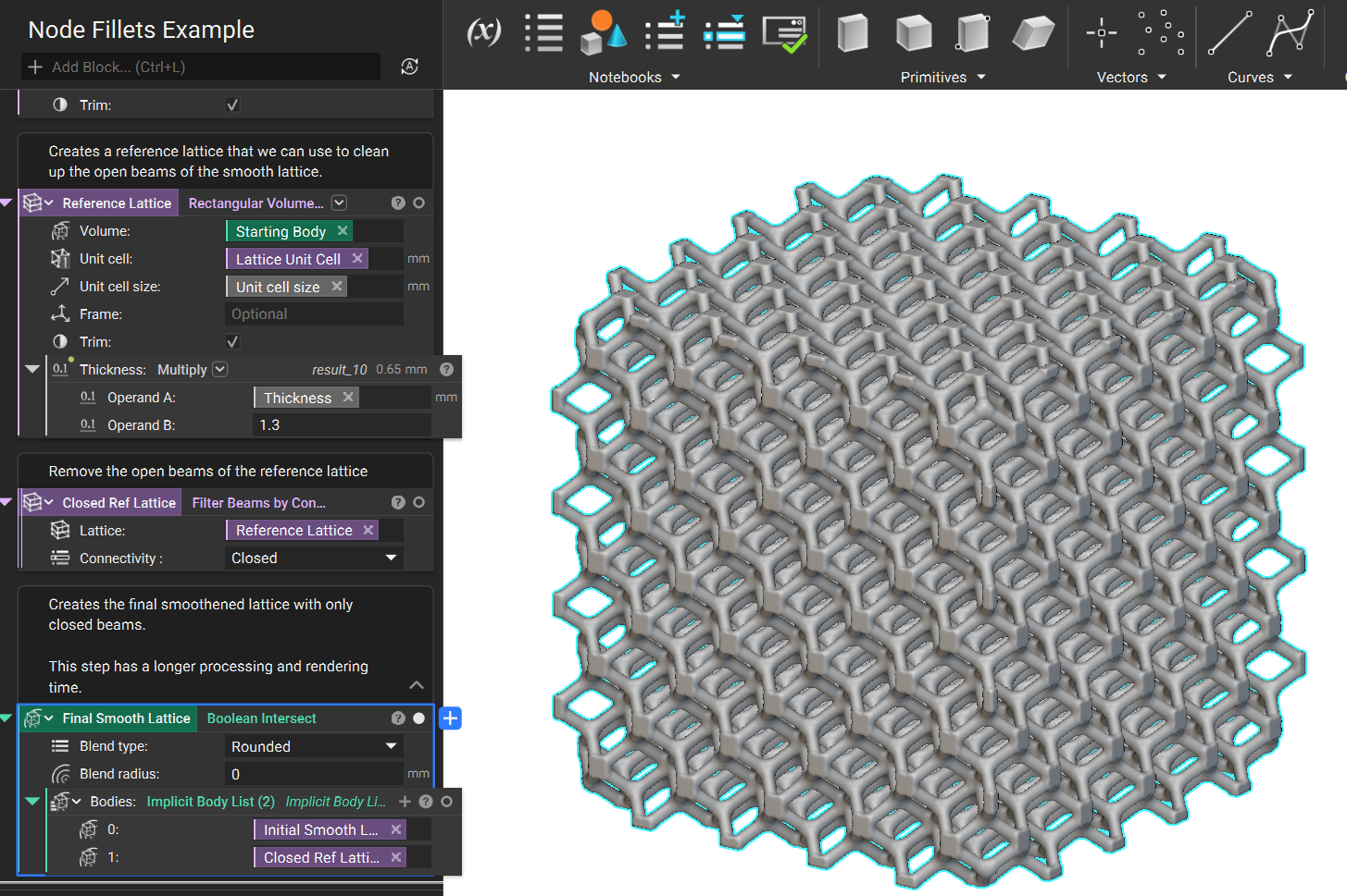 A Boolean Intersect block is used with the initial volume lattice and the closed beams lattice to create the final body.