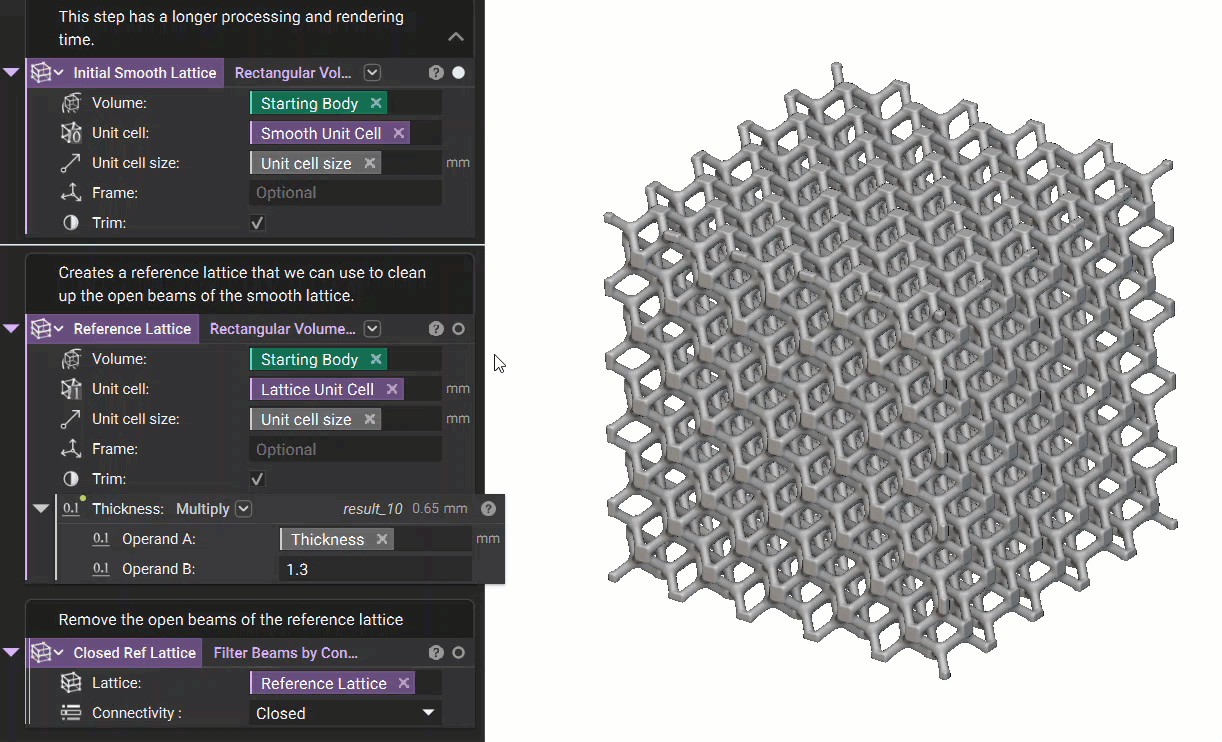 Creating a reference lattice from the rectangular volume lattice. The reference lattice is then used in a Filter Beams by Connectivity block to remove any open beams.