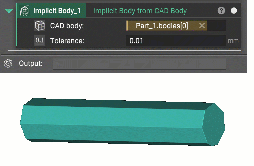 A gif showing how modifying the tolerance input of the Implicit Body from CAD Body block affects the resulting implicit geometry. 