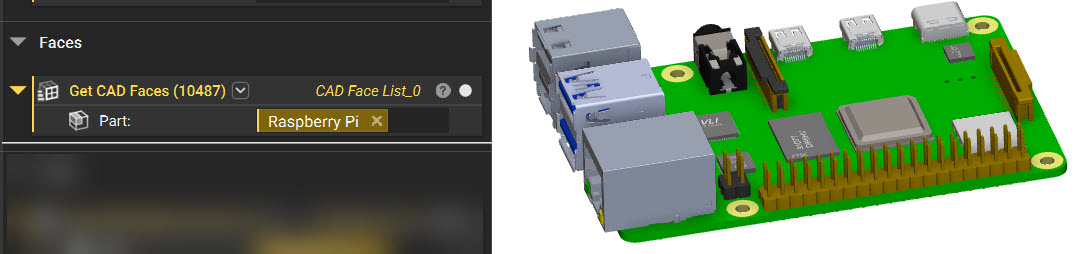 An image of the Get CAD Faces block being used to extract faces from an imported part.