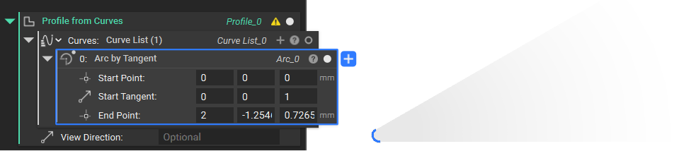 An example of an open profile in nTop. The Profile from Curves block has a warning icon that alerts the user that the profile is open.