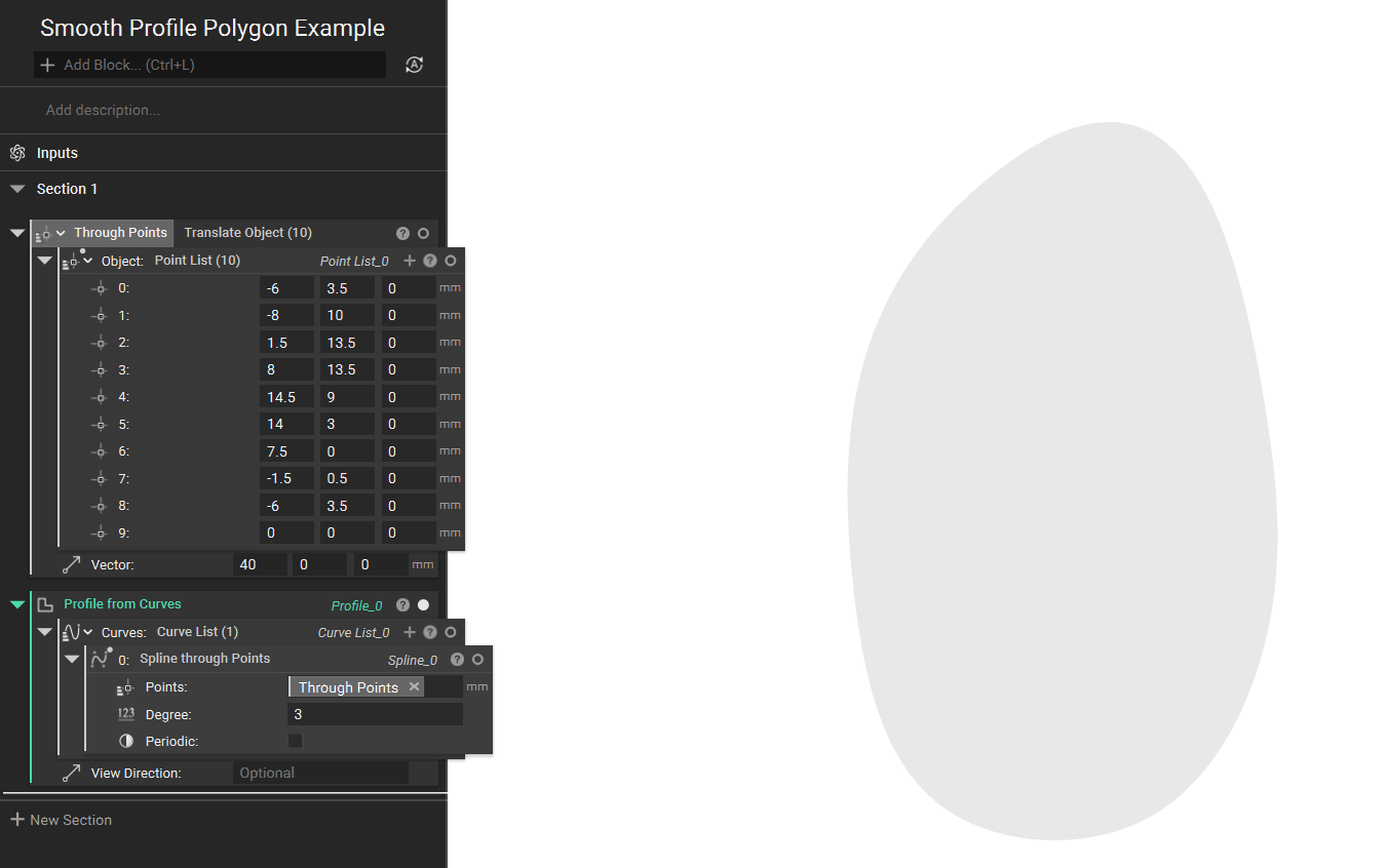 A profile is created from the spline using the Profile from Curves block.
