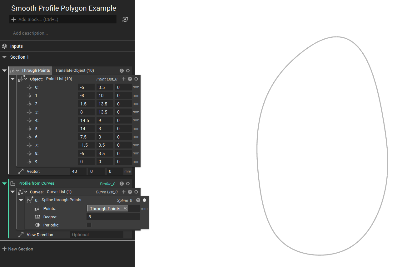 A spline is generated from the initial point list using the Spline through Points block.