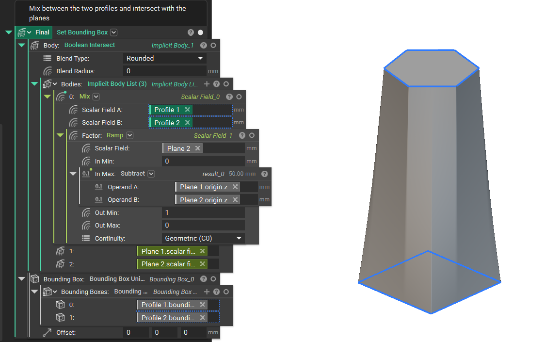 The resulting implicit body generated from using the Mix method of lofting profiles.