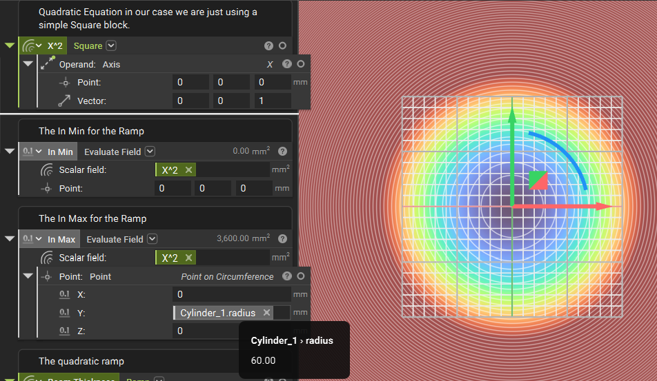 An image of the equation field and nTop Notebook. Using the Evaluate Field block that our t value, which is x^2, is producing the correct result of 3600 mm^2 at x=60