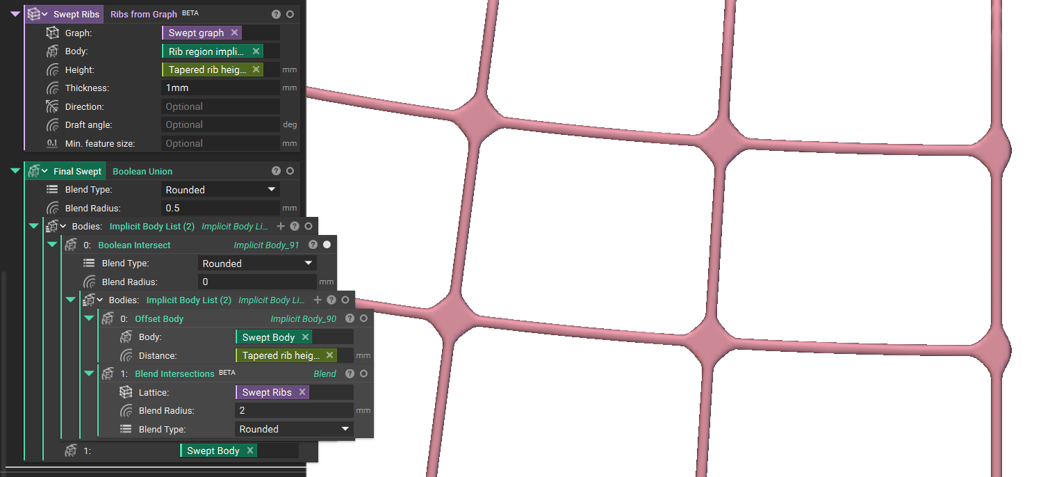 An offset body is applied to the starting geometry. A boolean intersect is used with the offset body and blend intersections lattice. The result is a lattice with fillets between the nodes and beams. The offset body removes the spherical shape the nodes have, and the result is a flat node.
