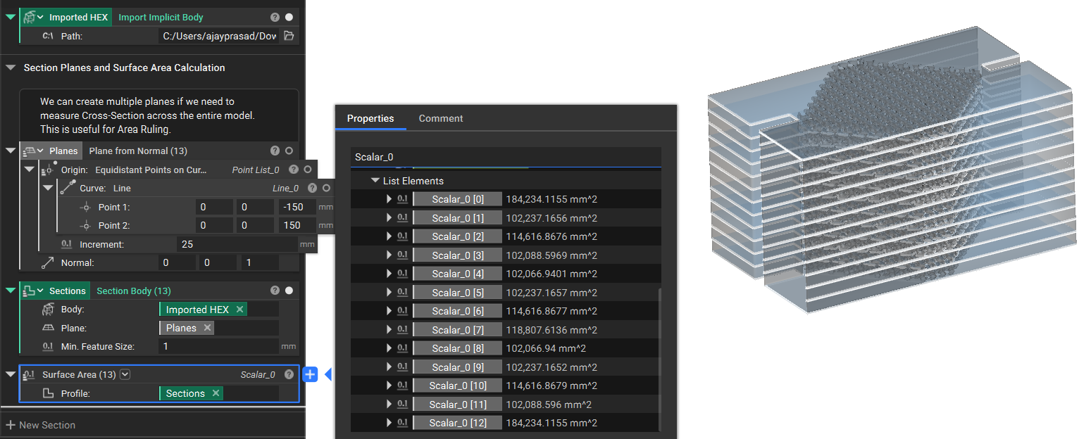 An image showing the properties panel of the Surface Area block. The block has been list processed using the list of Section Body profiles. The result is a list of surface areas for each of the section body profiles.