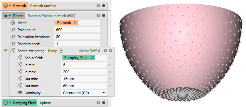 The implicit body bowl is meshed, and then a Random Points on Mesh block is applied to the mesh. The spatial weighting of the points is modified by a Ramp block.