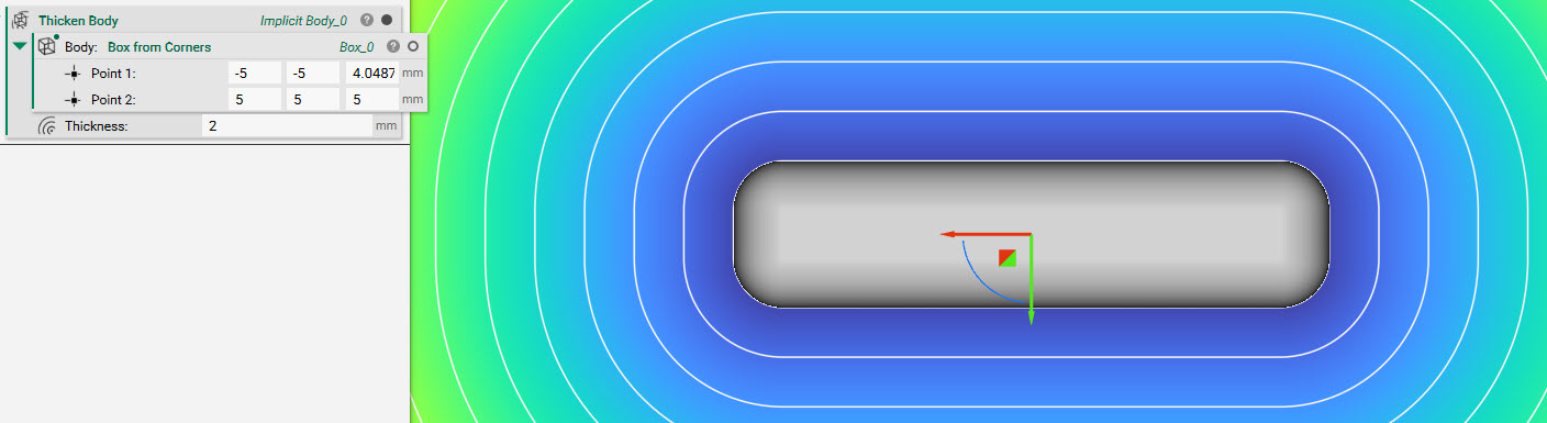 A thicken body block is applied to the box to add 2 mm of thickness. The box now has rounded edges.