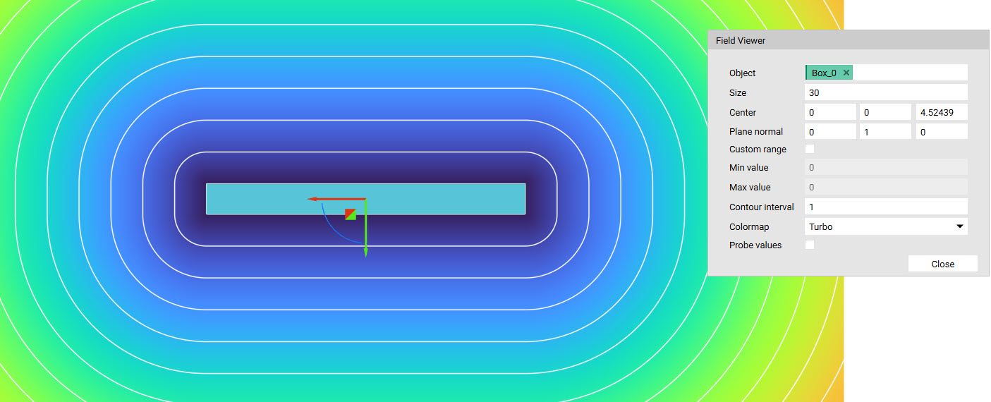 An example of a box implicit body with its field displayed. The field surrounding the box has rounded counters emanating outwards from the box.