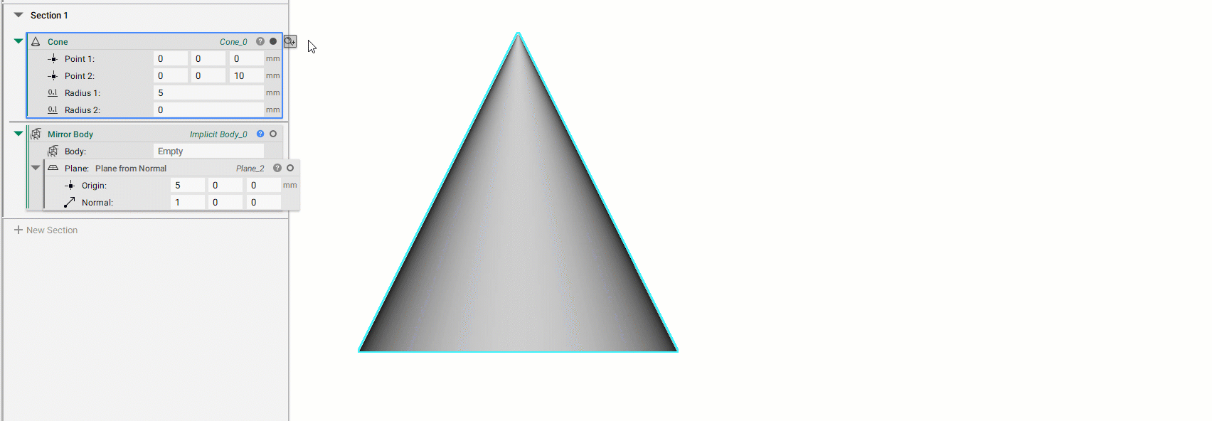The gif shows how a cone block is mirrored using the Mirror Body block.