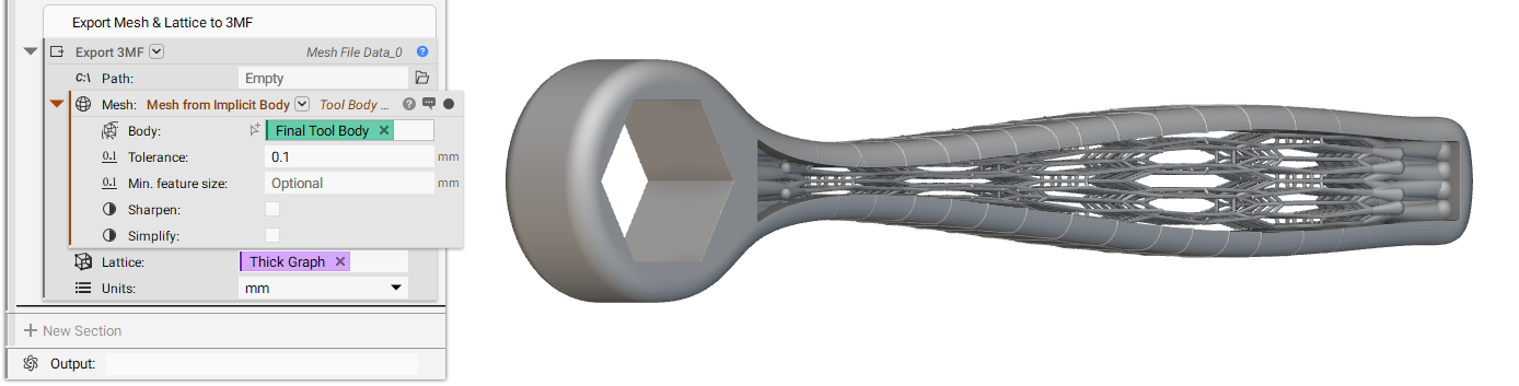 Inserting the meshed outer body into the Mesh input of the Export 3MF block. Extract the Thick Graph property chip from the Trim Lattice properties panel. Place the Thick Graph property in the Lattice input of the 3MF block.