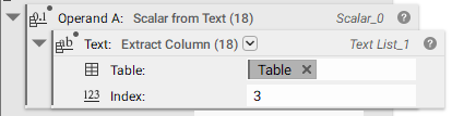 The Extract Column block inserted into the Text input of a Scalar from Text block.