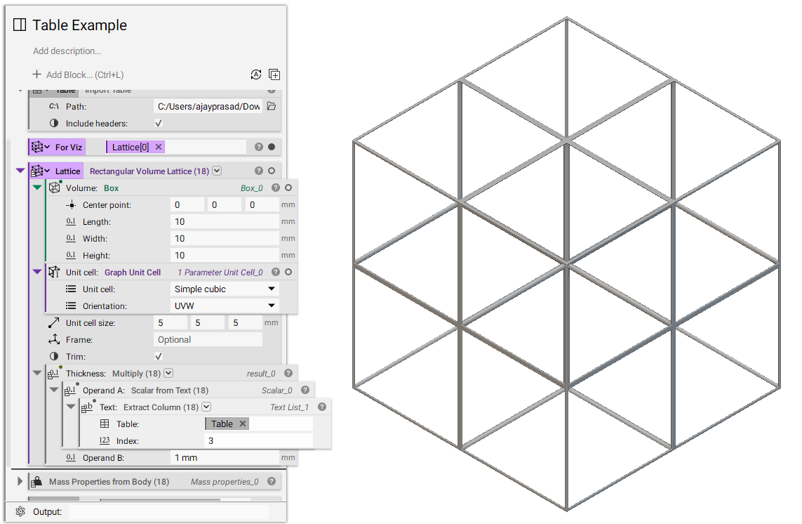 A lattice generated using the table data to set the beam thickness.