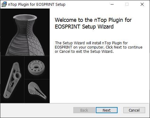 The welcome window for the nTop Plugin for EOSPRINT installation wizard.