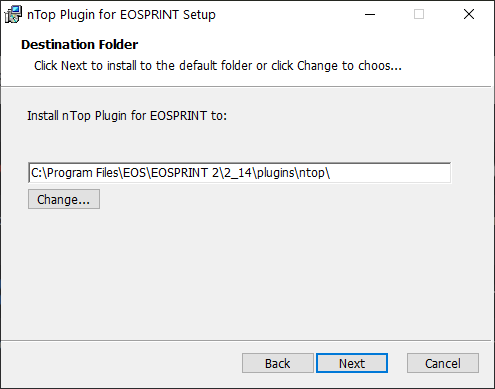 The destination folder window for the nTop Plugin for EOSPRINT installation wizard.