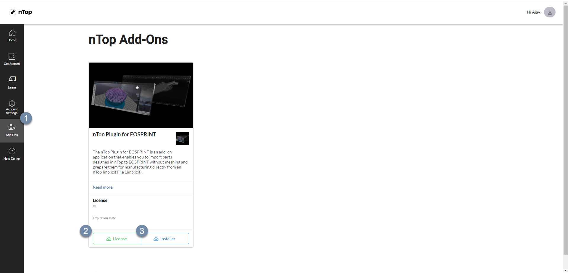 The Add Ons tab on app.ntop.com showing the nTop Plugin for EOSPRINT.
