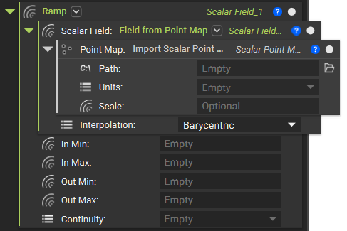 An import Scalar Point Map block inside the Point Map input of a Field from Point Map block. The Field from Point Map block is inside the Scalar Field input of a Ramp block.