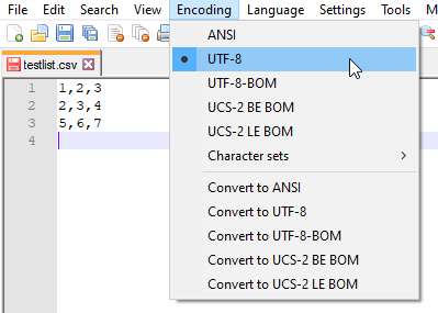 The Encoding menu of Notepad ++. The menu shows how the imported CSV is currently UTF-8 encoded.
