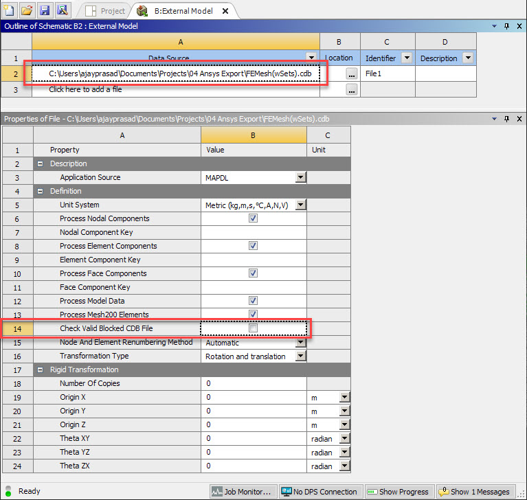 The properties of the imported external model. The data source file name is highlighted, as well as the Check Valid Blocked CDB File option.