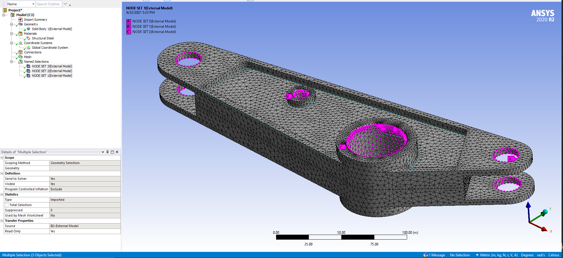 The FE Mesh with the boundaries highlighted in Ansys Workbench.