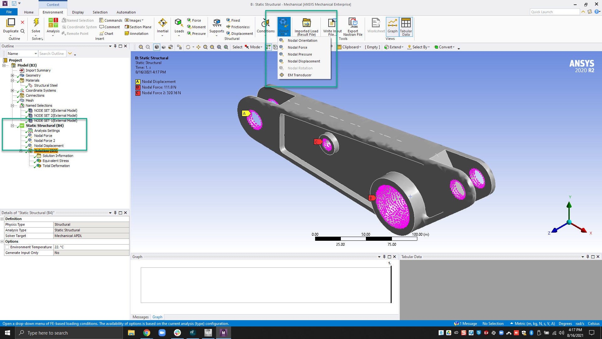The Direct FE options menu is highlighted. These Boundary Conditions can be applied to the imported boundary selections.