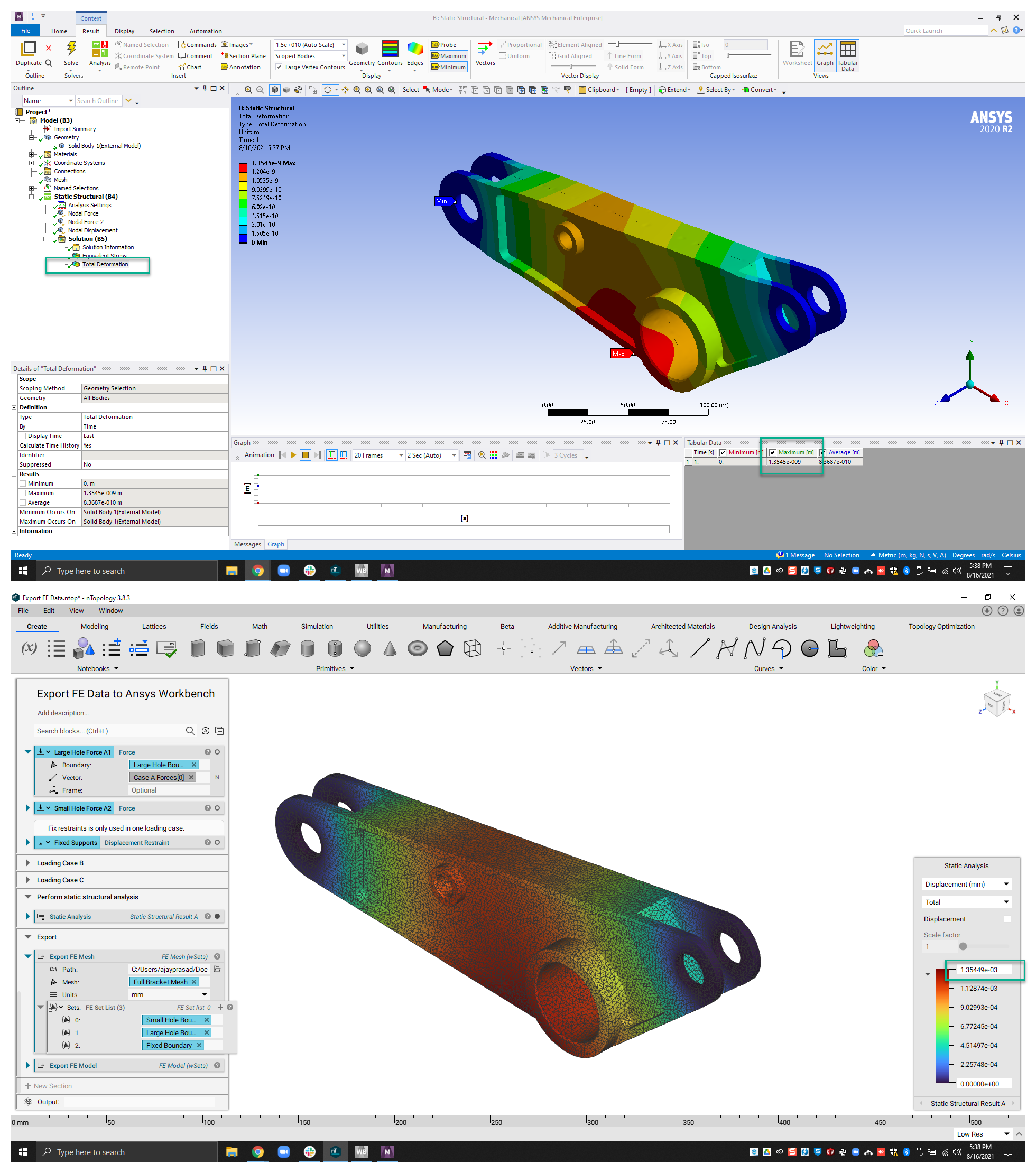 The top image shows the static analysis run in Ansys and the bottom image shows the same analysis run in nTop.