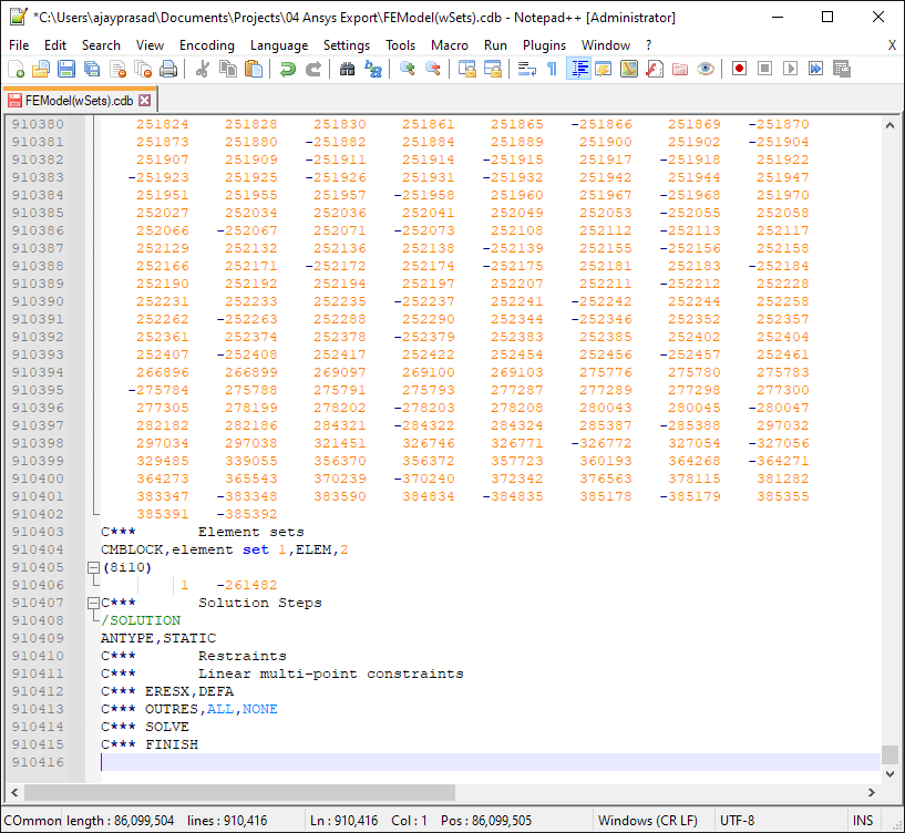 The exported FE Model cdb file open in Notepad ++.