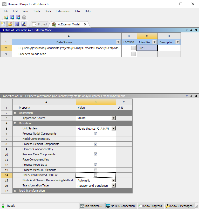 The External Model cdb file imported into Ansys Workbench, the file's properties panel is open.