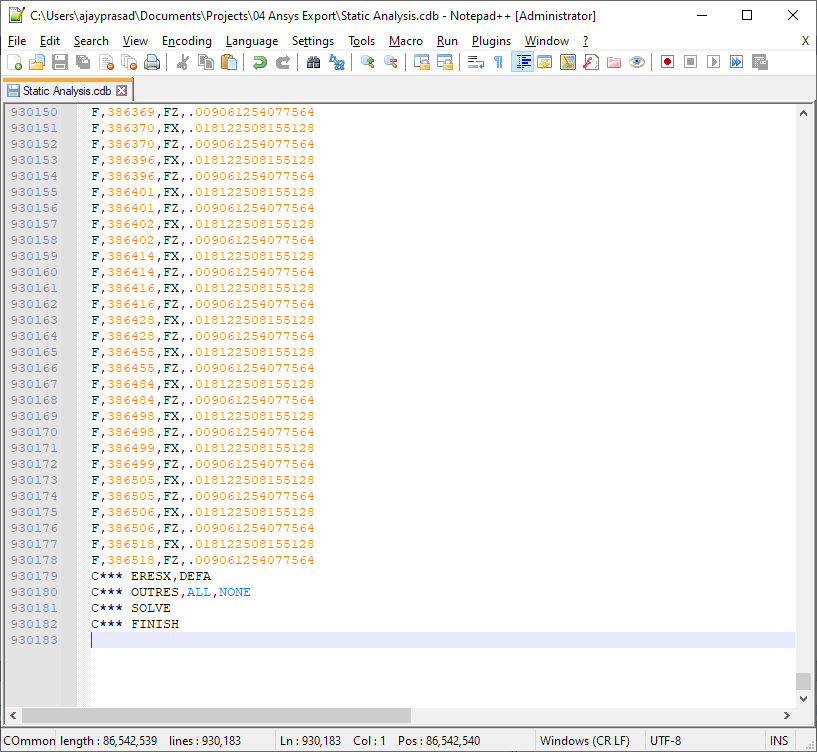 The exported static analysis cdb file open in Notepad ++.