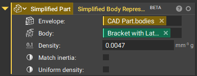 The Simplified Body Representation block with a specified CAD Envelope, Implicit Body, and Density. With this configuration, the CAD Envelope will be assigned with a modified density value to match the mass of the implicit part.