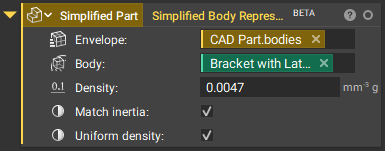 The Simplified Body Representation block with neither the Match Inertia or Uniform Density inputs being used. With this configuration, the CAD Envelope will be converted to surface bodies and small solid spheres with varying radii and uniform modified density values will be generated inside of the envelope to match the mass, center of mass, and principal moment of inertial of the implicit part. This option is required for Solidworks only.