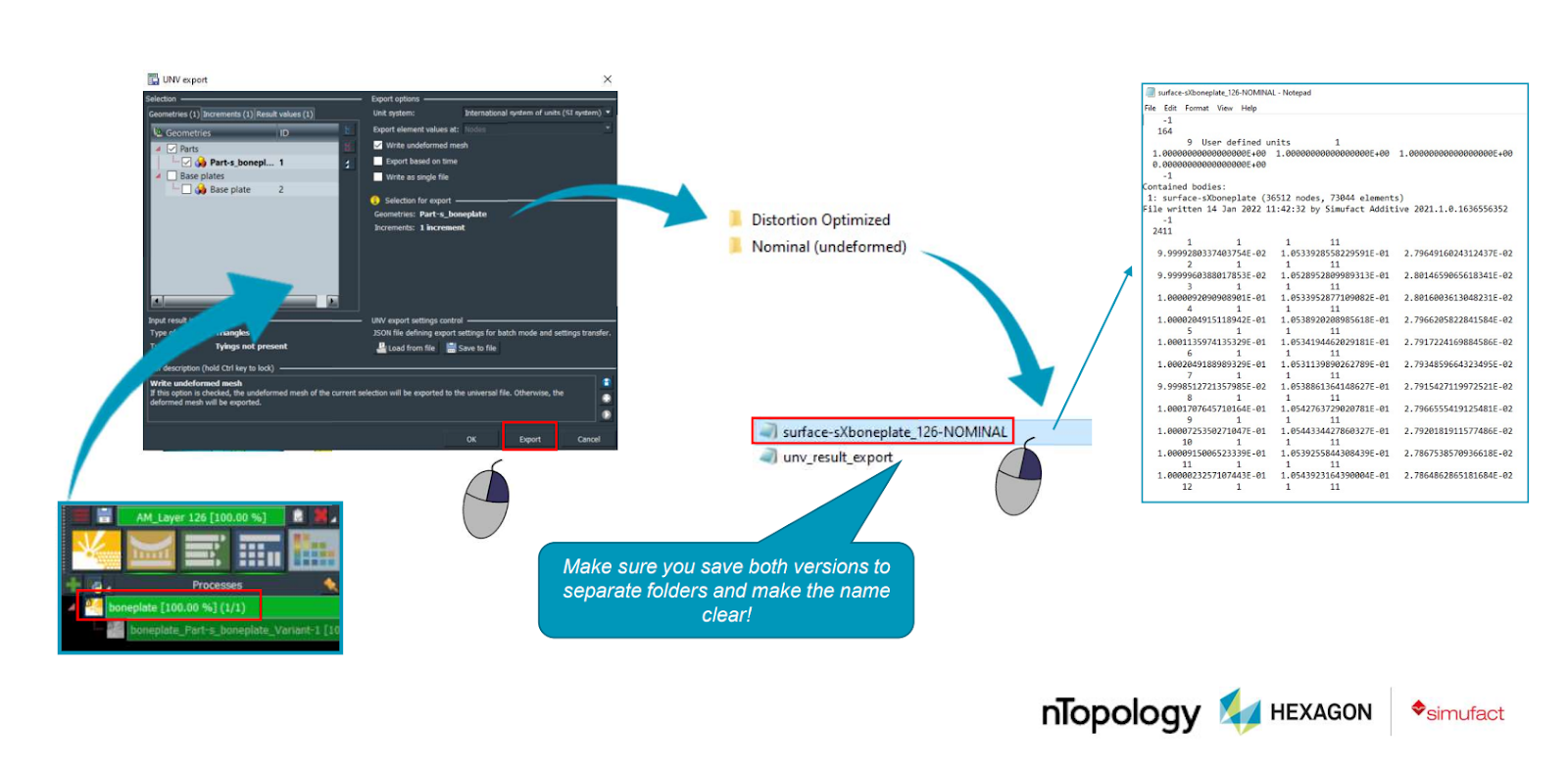 A diagram showing how to export distortion data for nominal from Simufact.