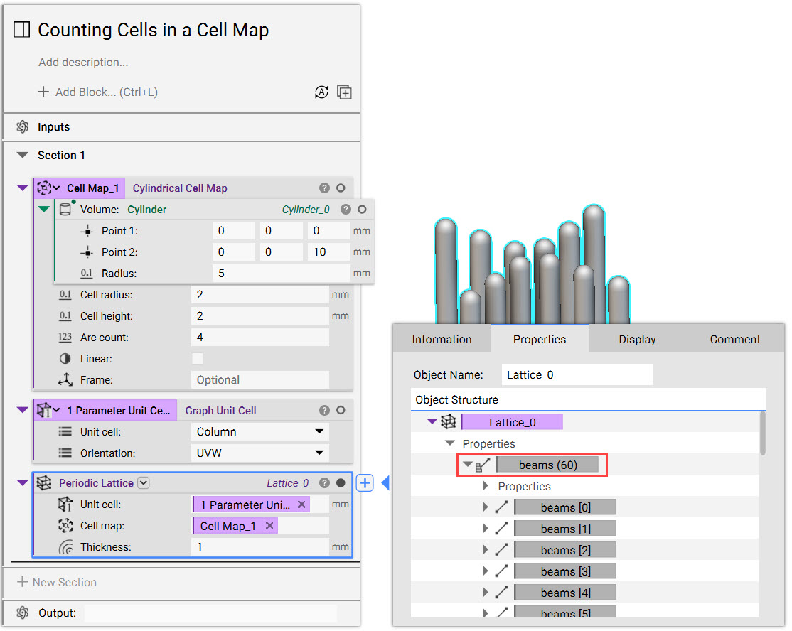 Viewing the properties panel of the periodic lattice to determine the number of cells in the cell map. 