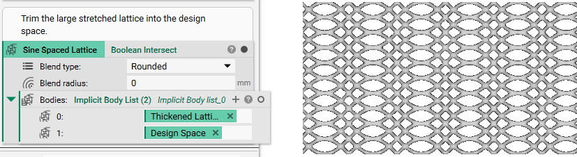 A boolean intersect of the sin wave generated lattice and the design space to trim down the lattice size