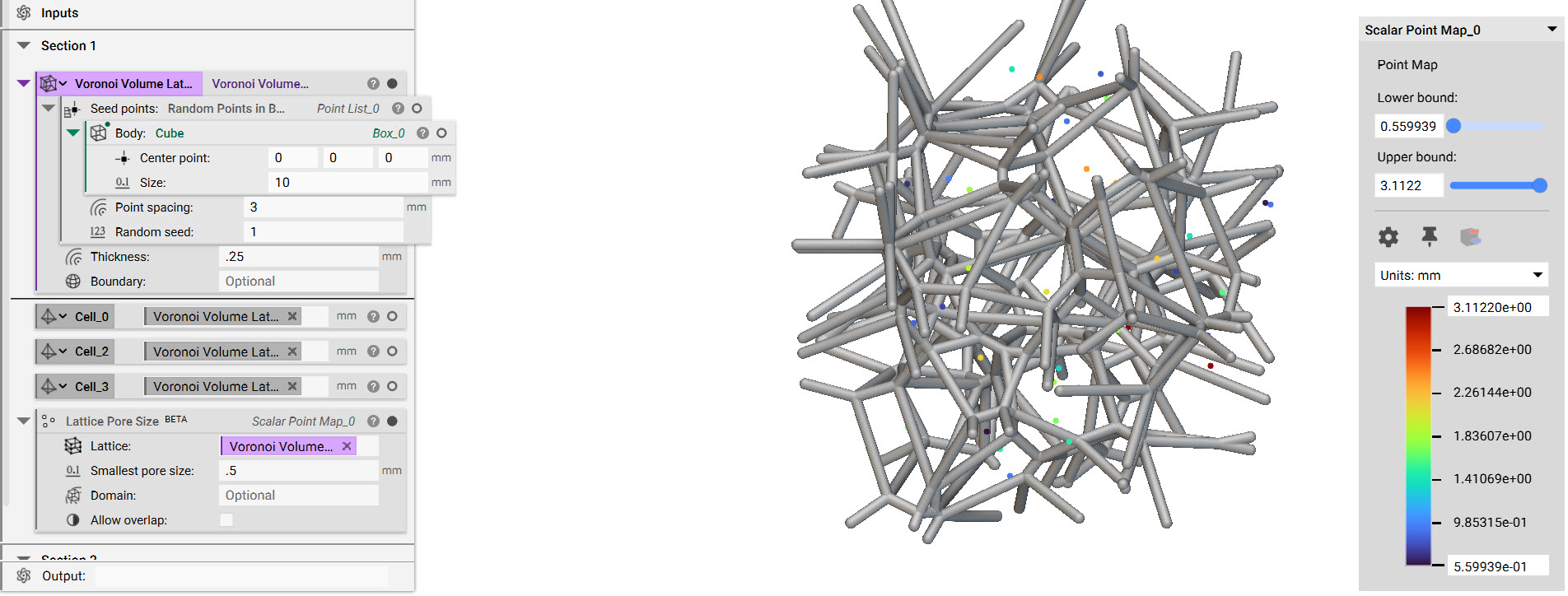 Results of the Lattice Pore Size block to view the size of each cell