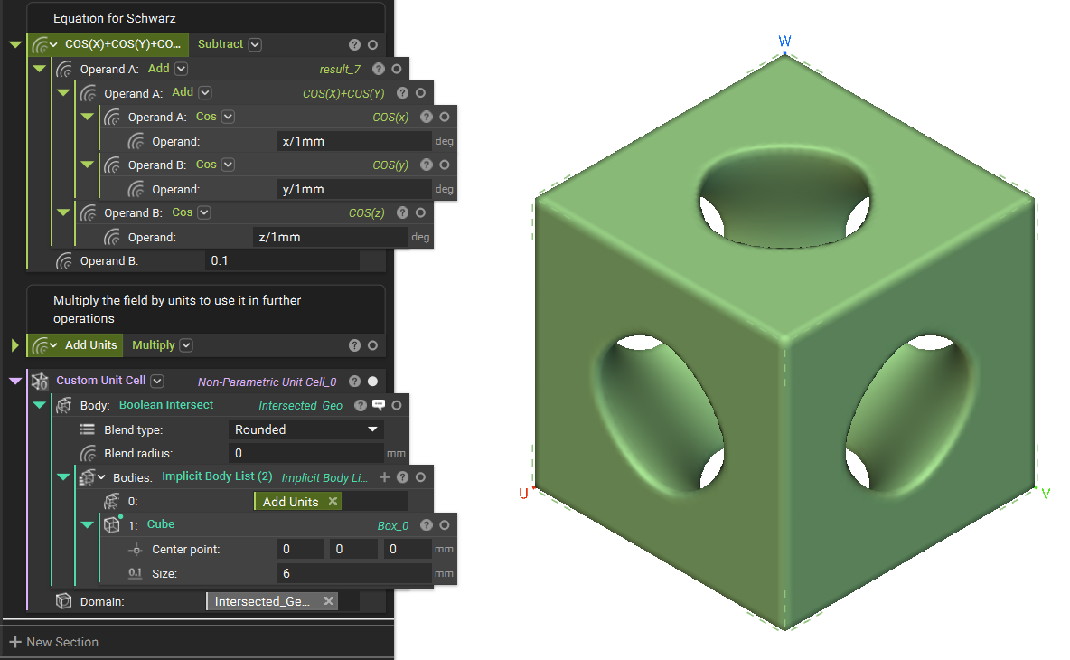 A custom unit cell generated from an equation. A Boolean Intersect is used with the equation field to generate the solid implicit body.