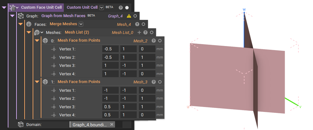 A custom unit cell generated from mesh faces. The mesh faces must be converted to a graph before they can be used to create the unit cell. The mesh faces are created using points and the Mesh Face from Points block.