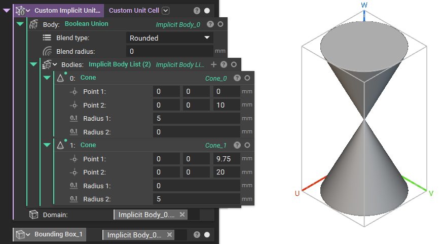 A custom unit cell created from two implicit bodies. The bounding box of the merged bodies is used to define the bounds of the unit cell.