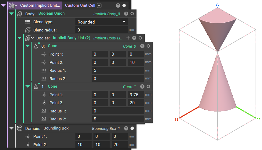 A custom unit cell created from two implicit bodies. The bounding box of the merged bodies is defined by two corner points.