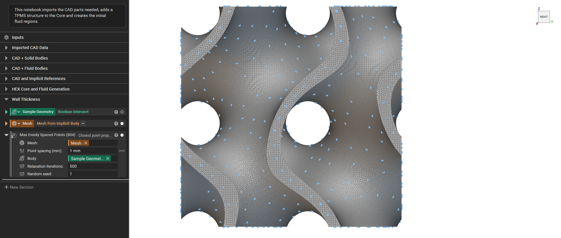 Using the custom block Max Evenly Spaced Points to create points on the mesh surface.
