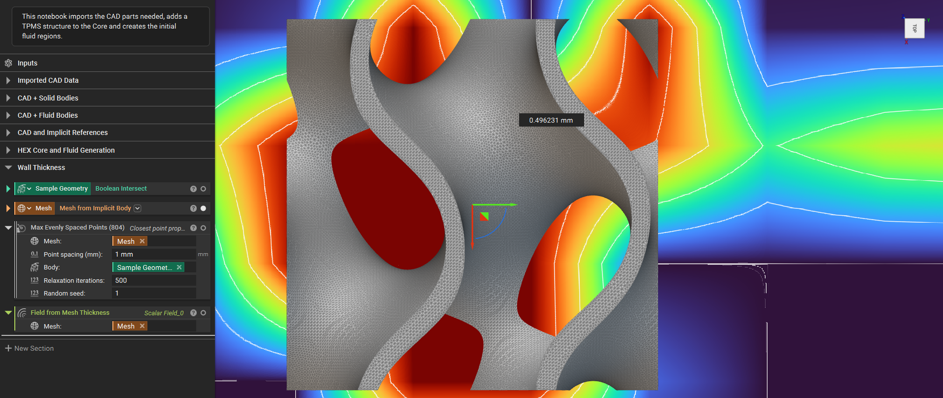 Using the Field from Mesh Thickness block to generate a field of the meshed tpms.