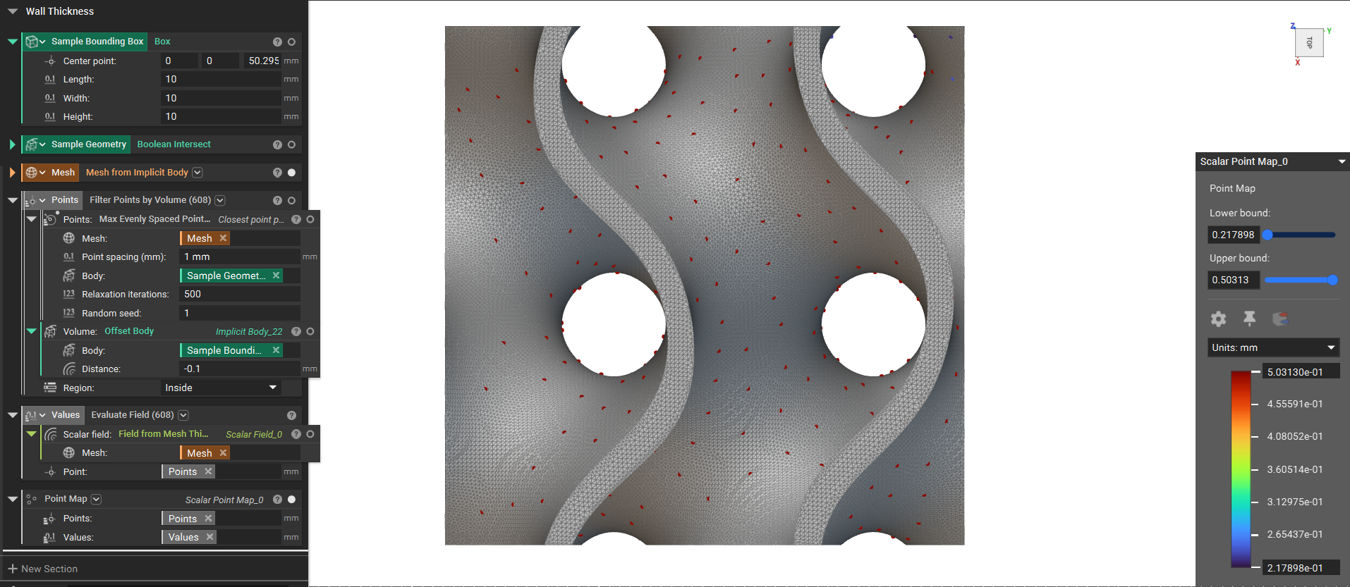 Using the Evaluate Field block to find the thickness values. Combining the field with the surface mesh points creates visual data for analyzing the thickness.