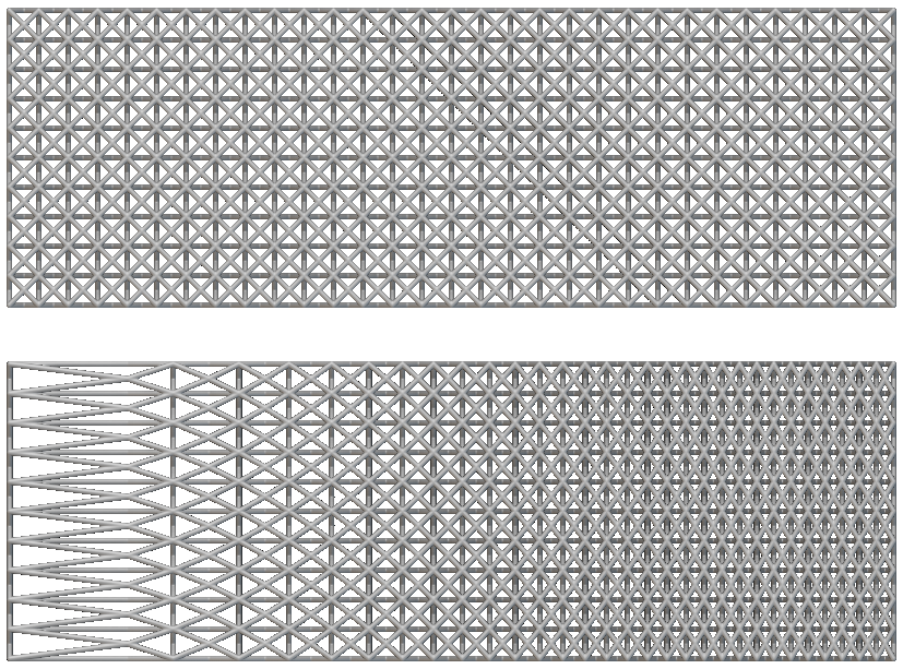The top lattice is created with a regular rectangular cell map, while the bottom lattice uses a warped cell map.