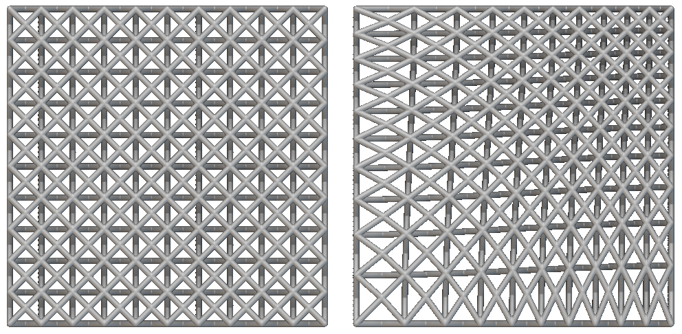 The left lattice is created with a regular rectangular cell map, while the right lattice uses a warped cell map.
