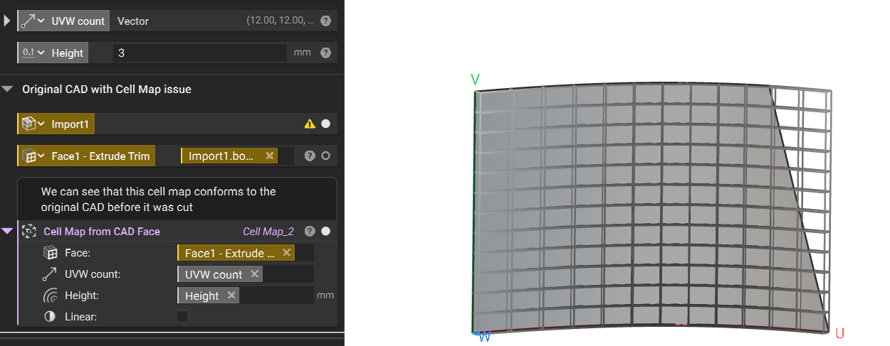 A Cell Map from CAD Face block used to create a cell map. The cell map extends past the CAD face.