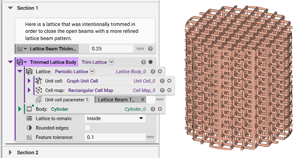 A periodic lattice generated using a cylinder. The lattice has been trimmed to only remain inside the cylinder.